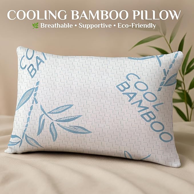 OMEO 2 Pack Bamboo Pillow Queen Size for Sleeping, Hypoallergenic Cooling Shredded Memory Foam Bed Pillows for Side, Back and Stomach Sleepers, Adjustable Loft and Washable Cover 20" x 30"