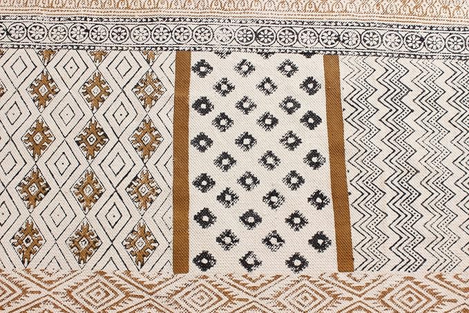 Area Rug 8' Square Rug Brown & Black Cotton Dhurrie Geometric Thick 0.19 inches Stone Easy Washable Rug Hand Wash Cotton Carpet Flatweave Rug Indoor Outdoor Rugs for Hall Room, Dining Room