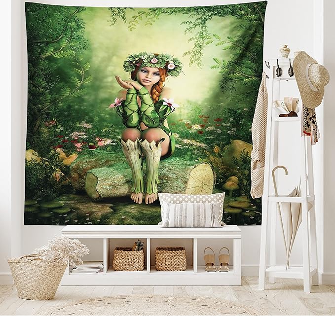 Ambesonne Tale Tapestry, Computer Art Elf Girl Wreath Her Head Sitting on a Tree Stump, Wide Wall Hanging for Bedroom Living Room Dorm, 60" X 40", Green Beige Pink