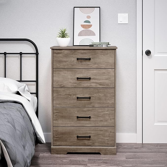Prepac Rustic Ridge Farmhouse Dresser, Brown Dresser for Bedroom, Chest of Drawers with 5 Drawers 18.5" D x 27.5" W x 43.5" H, DBDR-1605-1