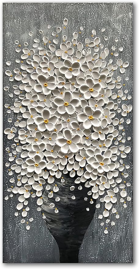 Epicler 20x40 Hand-Painted Painting for Wall Decoration, White Bouquet in vase, Home Wall Decoration.