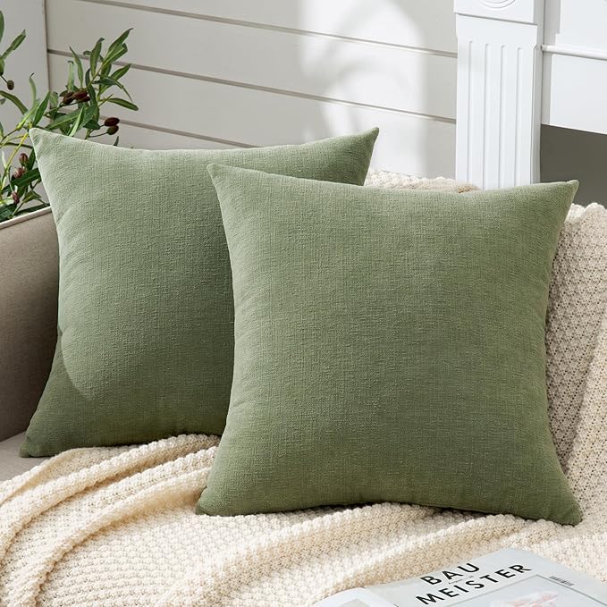 GAWAMAY Decorative Chenille Throw Pillow Covers 24x24 Inch Pack of 2, Soft Square Couch Pillow Cover for Sofa Cushion Living Room Bedroom Solid Dyed Pillowcases Sage Green 60x60cm (ONLY Covers)