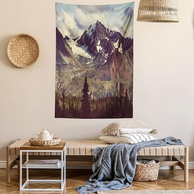 Ambesonne Alaska Mountains Tapestry Queen Size, Arctic Landscape Hiking Alaska Mountains Scenery in Usa Wilderness, Wall Hanging Bedspread Bed Cover Wall Decor, 88" X 88", Green Black White