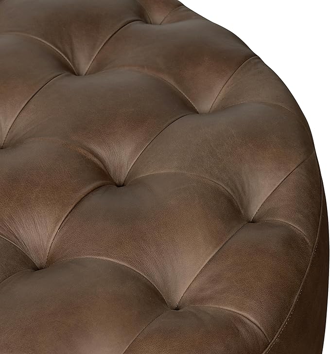 Poly & BARK Ascot Ottoman – 40" Round Pouf with Feather-Down Topper – Full-Grain Leather Upholstered Pouf Ottoman for Living Room – Vintage Italian Leather in Cocoa Brown