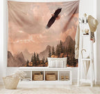 Ambesonne Eagle Tapestry King Size, Nature Photography of Rocky Mountains and Forest a Bird Flying over It, Wall Hanging Bedspread Bed Cover Wall Decor, 104" X 88", Rose Green