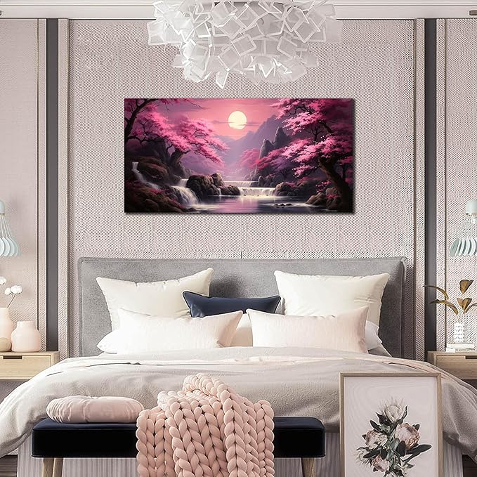 Landscape Wall Art for Living Room Bedroom Office Pink Wall Art Moon Lake Mountain Pictures Modern Artwork Framed Wall Decor Canvas Prints 24x48 In