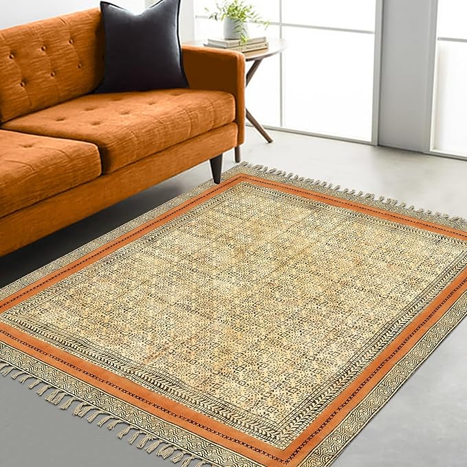 Area Rug 3' Square Rug Bronze & Black Cotton Dhurrie Oriental Thick 0.19 inches Stone Easy Washable Rug Hand Wash Cotton Carpet Flatweave Rug Indoor Outdoor Rugs for Kitchen, Bedside, Enterway