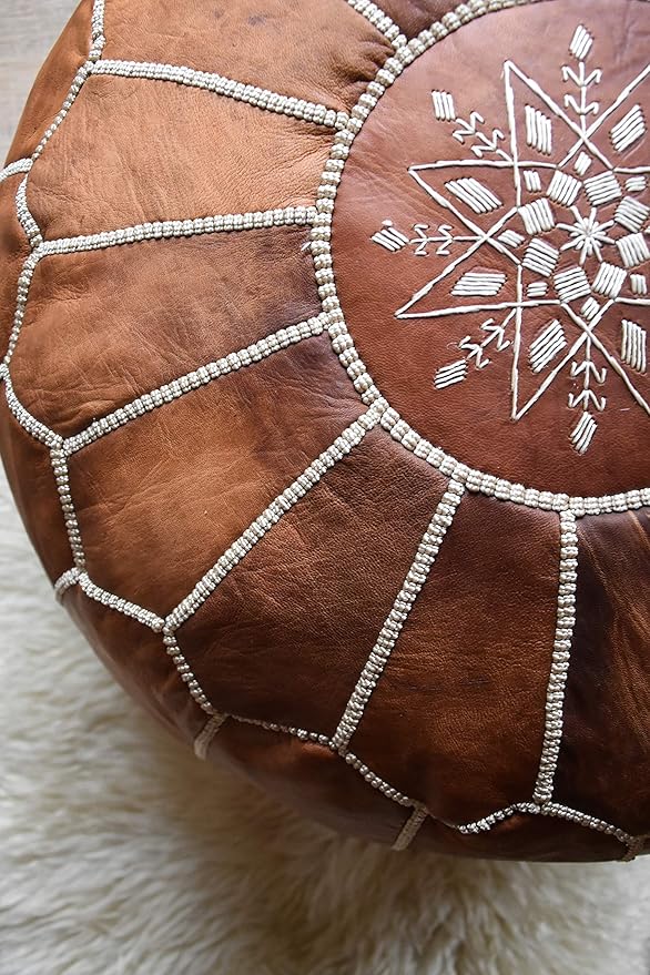 Poufs&Pillows Premium Moroccan Leather Pouf - Handmade - Delivered Stuffed - Ottoman, Footstool, Floor Cushion (Cognac Brown)