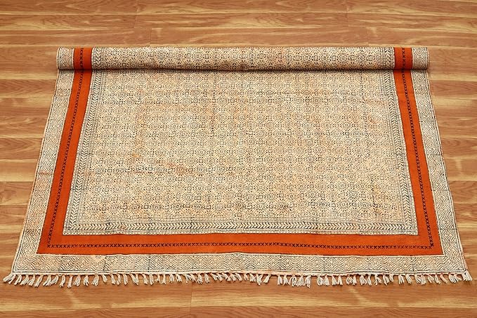 Area Rug 7' Square Rug Bronze & Black Cotton Dhurrie Oriental Thick 0.19 inches Stone Easy Washable Rug Hand Wash Cotton Carpet Flatweave Rug Indoor Outdoor Rugs for Hall Room, Dining Room