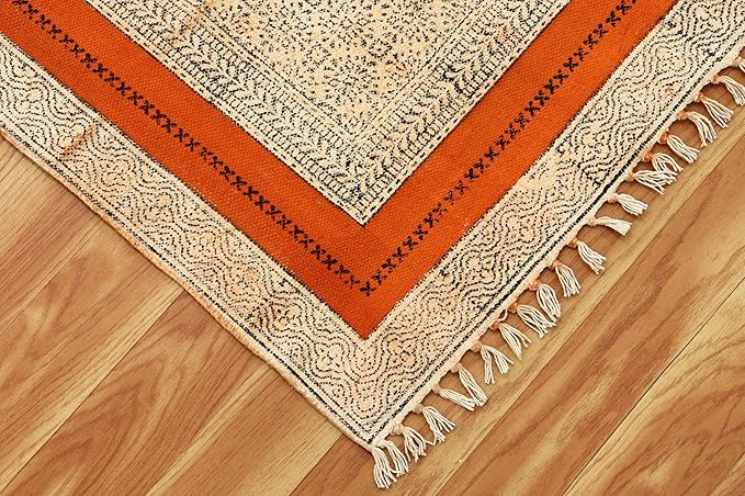 Area Rug 7' Square Rug Bronze & Black Cotton Dhurrie Oriental Thick 0.19 inches Stone Easy Washable Rug Hand Wash Cotton Carpet Flatweave Rug Indoor Outdoor Rugs for Hall Room, Dining Room