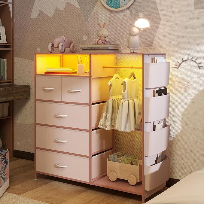 Dresser for Bedroom with Clothes Rack Side Pockets 5 Drawer Dresser with Charging Station LED Lights Black Storage Chest of Drawers for Hallway Closet Sturdy Steel Frame Wood Top (Pink)