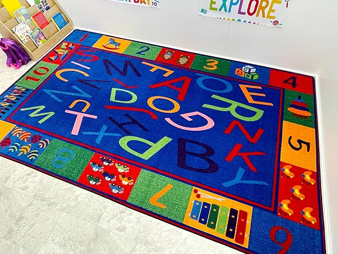 KIDCARPET.COM Alphabet and Numbers Rectangle Classroom Rug | Bordered Area Rug for Preschool Daycare Learning, 7'6" x 12'
