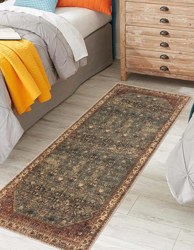 Keen Home Design 2x10 Rug - Machine Washable Runner with Non-Slip Backing, Ideal for Hallway, Entryway, Kitchen, Laundry Room - Vintage, Easy Clean, Durable, Low Pile Rug - (2'6" x 10')