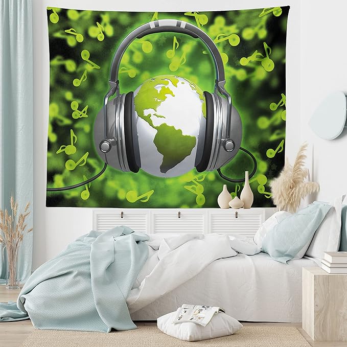 Ambesonne World Tapestry Queen Size, World of Music Themed Composition DJ Headphones Musical Notes and Earth Globe, Wall Hanging Bedspread Bed Cover Wall Decor, 88" X 88", Lime Green Grey