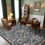 GarveeHome Indigo Blue and Pink Vintage Floral Washable 5x7 Area Rugs for Living Room Boho Retro Rug Low Pile Stain Resistance Non Slip Carpet for Bedroom Nursery Dining Room