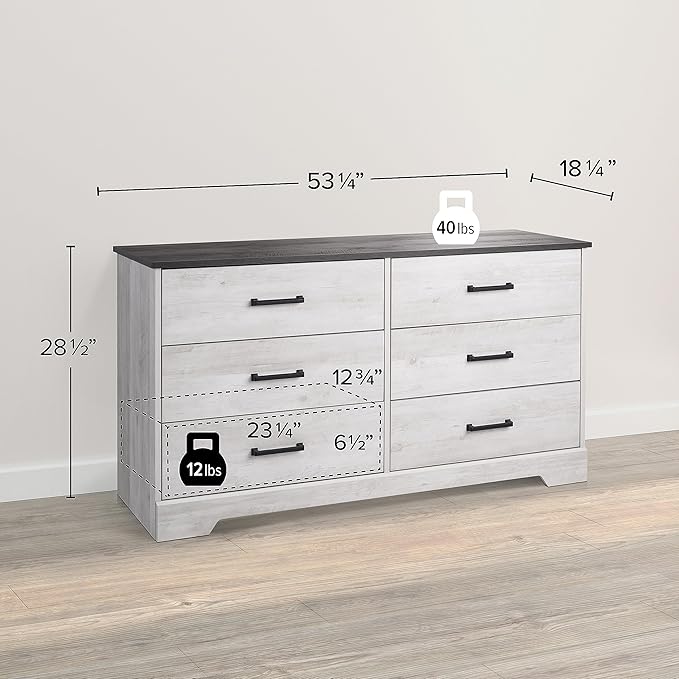 Prepac Rustic Ridge Farmhouse 6-Drawer Double Dresser, Washed White Dresser for Bedroom, Chest of Drawers with 6 Storage Drawers, 53.25” wide x 18.25” deep x 28.5” tall, Washed White