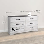 Prepac Rustic Ridge Farmhouse 6-Drawer Double Dresser, Washed White Dresser for Bedroom, Chest of Drawers with 6 Storage Drawers, 53.25” wide x 18.25” deep x 28.5” tall, Washed White