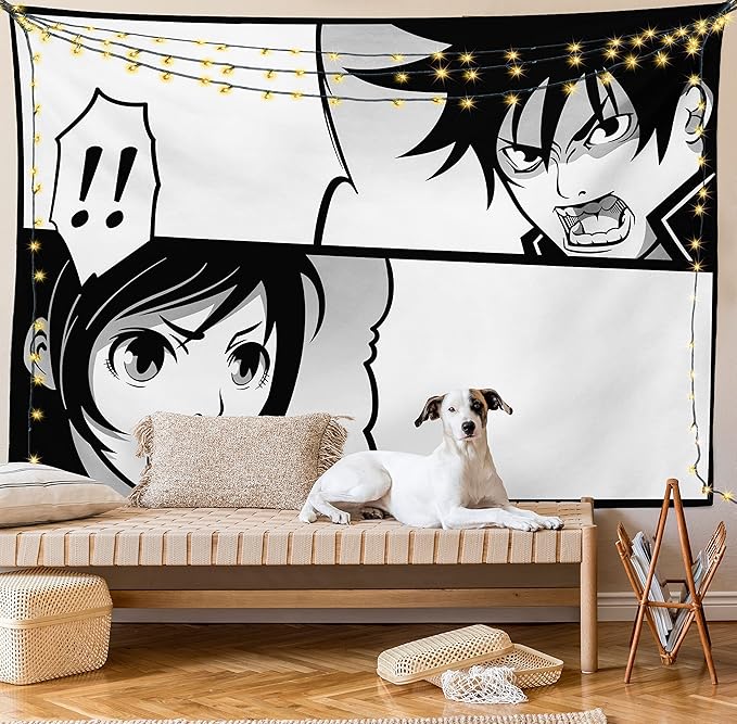 Ambesonne Anime Tapestry, Japanese Comics Strip Boy and Girl Fight Scene Manga Image Cartoon Print, Fabric Wall Hanging Decor for Bedroom Living Room Dorm, 28" X 23", Black White Grey
