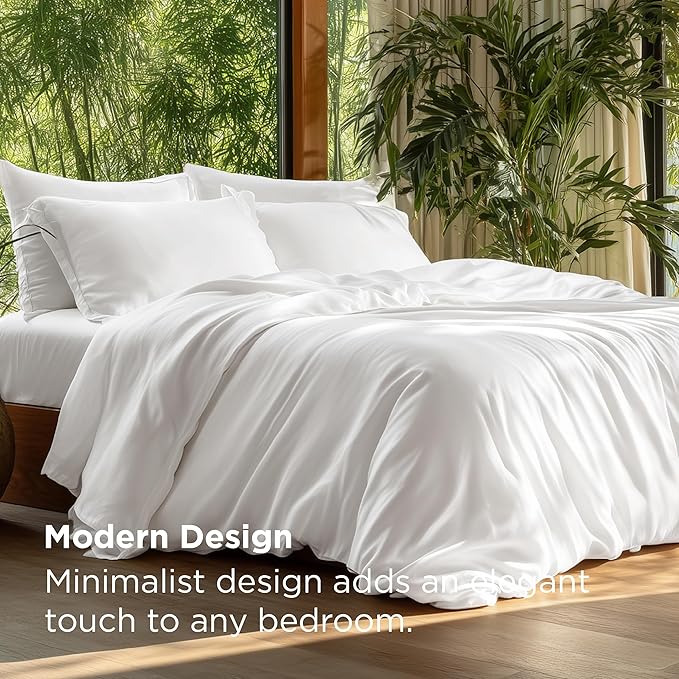 Bedsure 100% Rayon Derived from Bamboo Duvet Cover Queen Size - Lightweight Silky Cooling Comforter Cover Set for Hot Sleepers, Breathable & Moisture-Wicking Bedding Set, Pure White