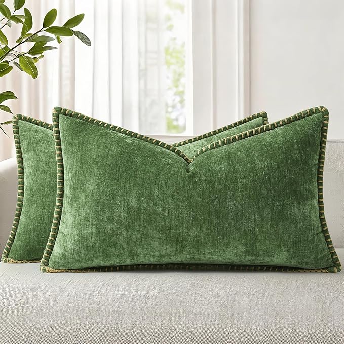 decorUhome Spring Chenille Soft Cozy Throw Pillow Covers 12x20 Set of 2, Modern Farmhouse Boho Velvet Decorative Pillow Cases with Stitched Edge for Couch Sofa Bed Home Decor, Forest Green