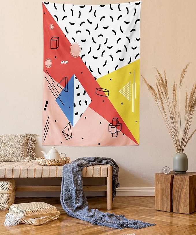 Ambesonne Abstract Tapestry Queen Size, Modern Geometric Trippy Triangles Cubes Circles Rollers Dots Print, Wall Hanging Bedspread Bed Cover Wall Decor, 88" X 88", Coral Pink