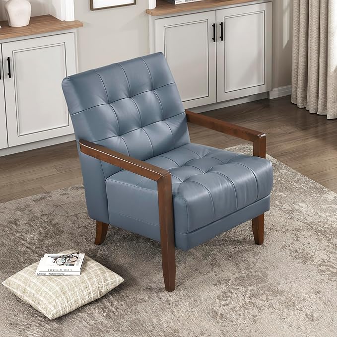 Lexicon Modern Accent Chair, Luxury Genuine Leather Match Living Room Chair with Tufted Cushions, Solid Wood Frame and Arm Rest, Comfy Upholstered Single Seat for Bedroom/Reading/Office, Blue