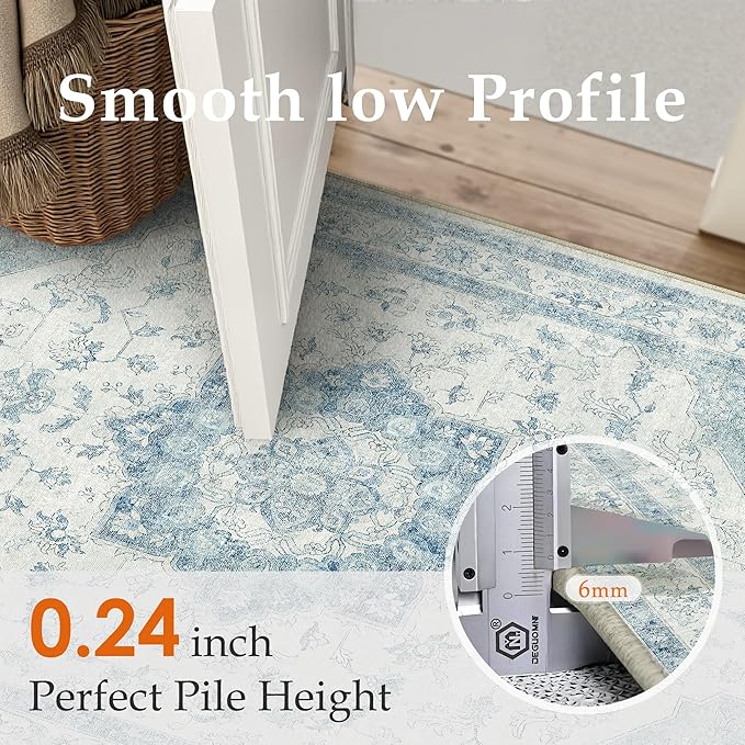 Blue Area Rug 2x3 Washable Vintage Small Carpet for Entryway Kitchen Soft Retro Low Pile Thin Door Mat Non Slip Oriental Medallion Throw Rug for Bathroom Office Bedroom Dining Room