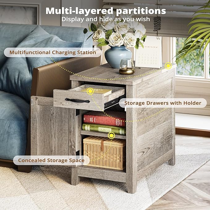 IRONCK End Table with Charging Station, Narrow Side Table for Living Room, Farmhouse Night Stand for Bedroom, Bedside Table with Storage and Drawer for Home, Beige Maple