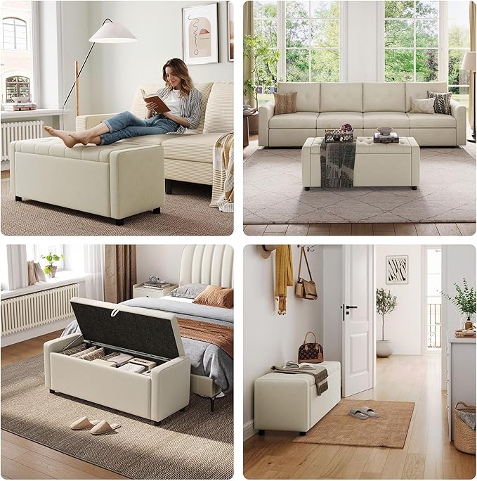 LINSY 50 Inches Wide Storage Ottoman Bench, Upholstered Foot Rest Stool, Long Bench Footstool, Couch Ottoman, Ottomans for Living Room, Entryway, End of Bed Storage Bench for Bedroom (Beige)