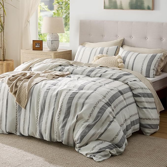 Bedsure Waffle Weave Duvet Cover Queen - 100% Cotton Boho Duvet Cover Set with 2 Pillowcases - Extra Soft Cream White Textured Comforter Cover with Zipper Closure (Queen, 90"x90")