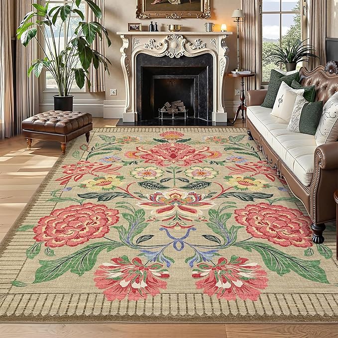 GarveeHome Floral Botanical Washable 8x10 Area Rug for Living Room Soft Camel Taupe Brown Vintage Boho Cottage Large Rugs Low Pile Carpet for Bedroom Dining Nursery Rug