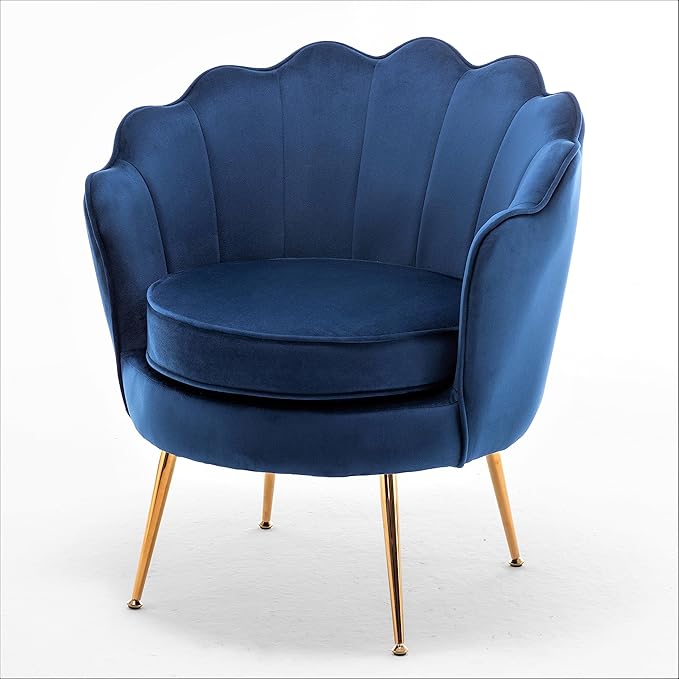 Velvet Barrel Accent Chair with Scalloped Silhouette and Gold Metal Legs, Decorative Piece Suitable for Traditional, Modern, and Contemporary Spaces, Navy Blue