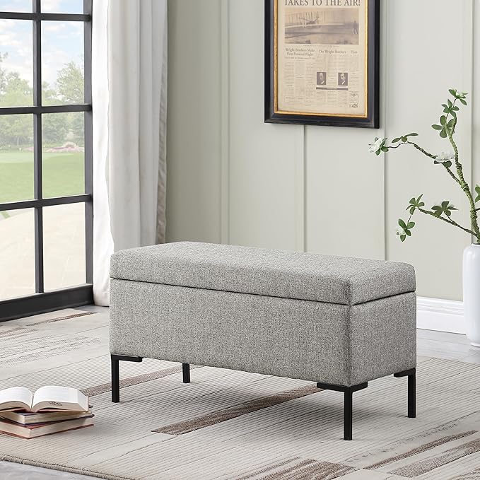 HomePop Upholstered Storage Bench with Metal Leg, 32" W, Gray Fabric