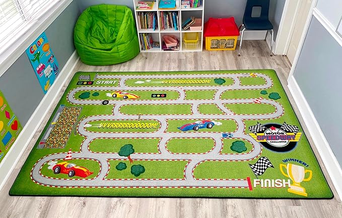 KIDCARPET.COM Race Track Play Mat Rug | Interactive Activity Carpet for Preschool Playroom Toy Car Track, 4' x 6'