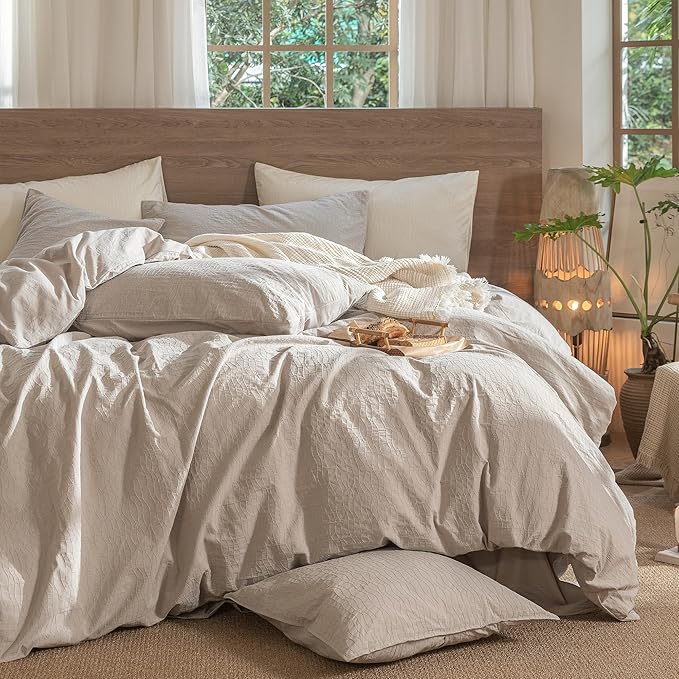 MooMee Wavy Striped Duvet Cover Set 100% Washed Cotton Linen Like Textured Breathable Durable Soft Comfy (Beige, Full 80"x90")