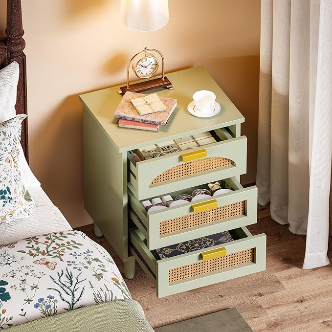 LITTLE TREE Rattan Nightstand, Mint Green End Table with 3 Drawers for Couch, Wooden Bedside Table for Living Room, Bedroom, Easy Assembly