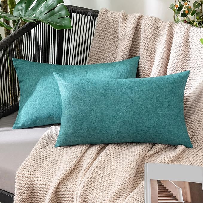 MIULEE Pack of 2 Decorative Outdoor Solid Waterproof Throw Pillow Covers Faux Linen Garden Farmhouse Coastal Cushion Cases for Summer Patio Tent Balcony Couch Sofa 20x12 Inch Turquoise