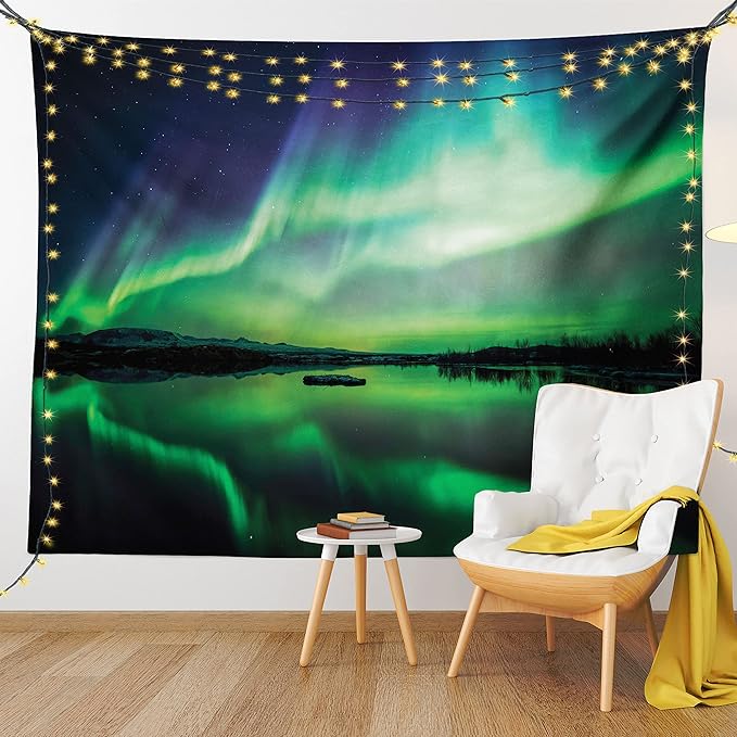 Ambesonne Iceland Tapestry King Size, Aurora Borealis View over Lake Thingvellir National Park Nature Print, Wall Hanging Bedspread Bed Cover Wall Decor, 104" X 88", Sea Green and Night Blue