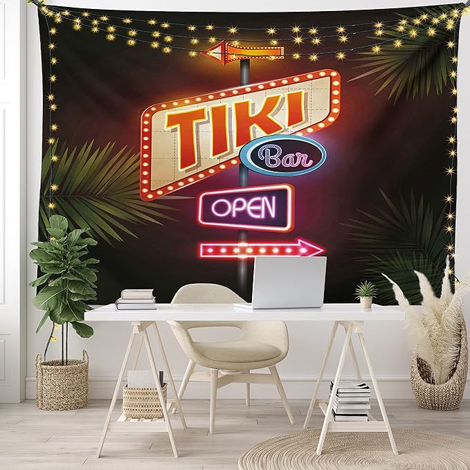 Ambesonne Tiki Bar Tapestry, Old Fashioned Neon Signs Illustration of Open Bar Palm Tree Branches Roadside, Fabric Wall Hanging Decor for Bedroom Living Room Dorm, 30" X 45", Dark Purple