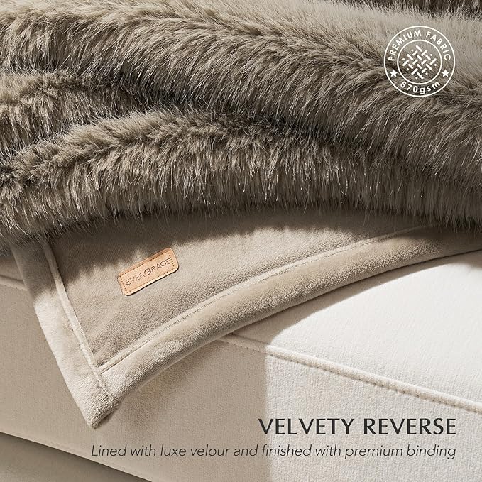 EVERGRACEHOME Luxury Faux Fur Throw Blanket, Soft Fluffy Faux Mink Blankets for Bed, Couch, Sofa, Thick Cozy Plush Warm Fur Throws with Reversible Velvet, Natural Mink, 50"x60"