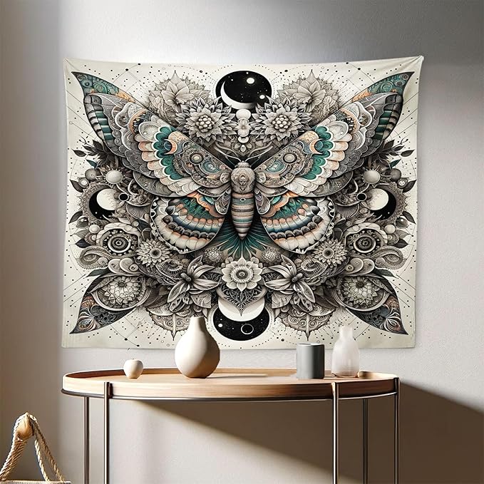 Ambesonne Mandala Tapestry, Medieval Esotery Inspired Oriental Moth with Floral Details Witchcore, Fabric Wall Hanging Decor for Bedroom Living Room Dorm, 28" X 23", Grey Yellow Green Sepia