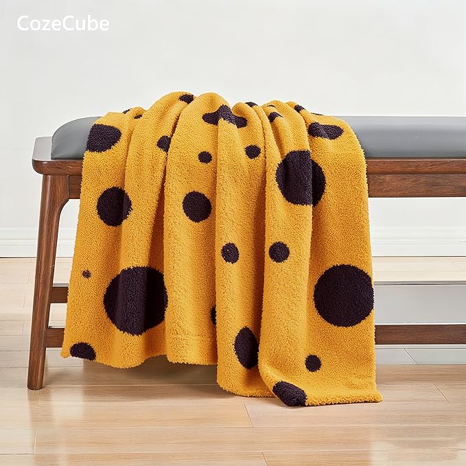 CozeCube Super Soft Fullfy Microfiber Reversible Knitted Blankets, Warm Cozy Fuzzy Plush Throw, Black and Yellow Polka Dot Throw Blanket for Couch Bed Sofa, 50" x 60"