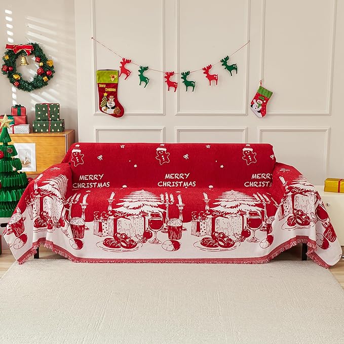 MYSKY HOME Christmas Couch Cover, Sofa Cover for 2 Cushion Couch, Non-Slip Soft Sofa Slipcover Protector, Sofa Covers Washable, Couch Covers for Sectional Sofa, Sofa Towel for Pet Cat Dog, 71" x 102"