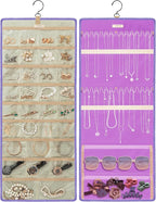 GMAK Hanging Jewelry Organizer with Hanger Metal Hooks, Double-Sided Jewelry Holder Accessories Organizer Storage Roll for Jewelry, Earrings, Bracelets, Necklaces, Rings - Light Purple