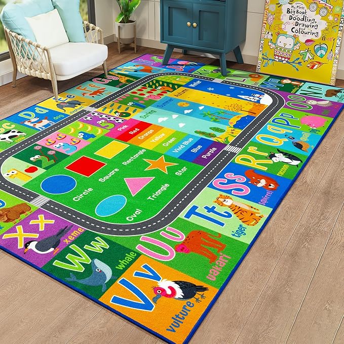 HOMORE Kids Educational Rug, 5x7 Kids Collection Area Rug for Learning Alphabet, Numbers, Colors, Season and Animal Words, Playmat for Classroom Playroom,Green