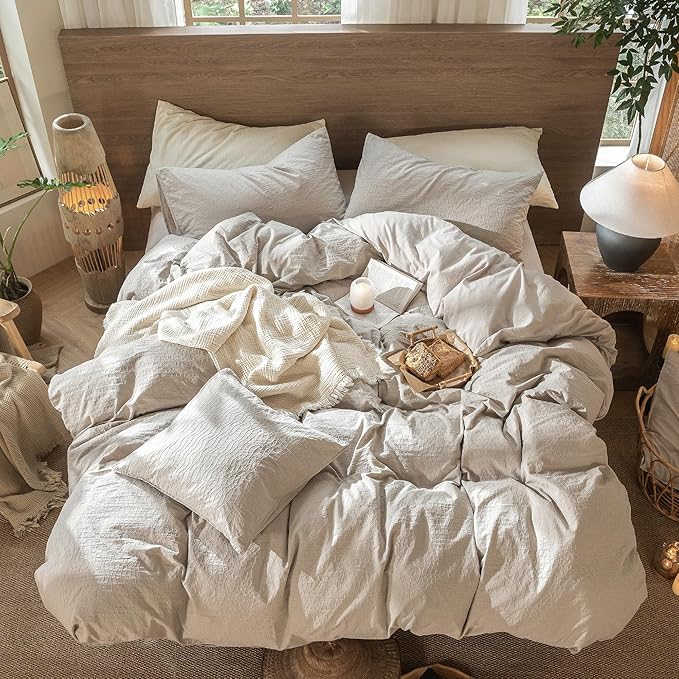 MooMee Wavy Striped Duvet Cover Set 100% Washed Cotton Linen Like Textured Breathable Durable Soft Comfy (Beige, Palatial King/Oversized King 120"x98")
