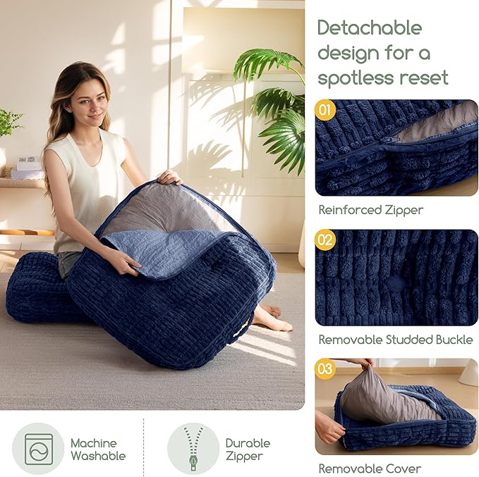 Washable Floor Pillow Cushion for Adults, Meditation Cushion Pillow, Removable Tufted Blended Corduroy Cover, Large Square Floor Sitting for Tatami Living Room or Yoga, 2Pack, Machine Washable