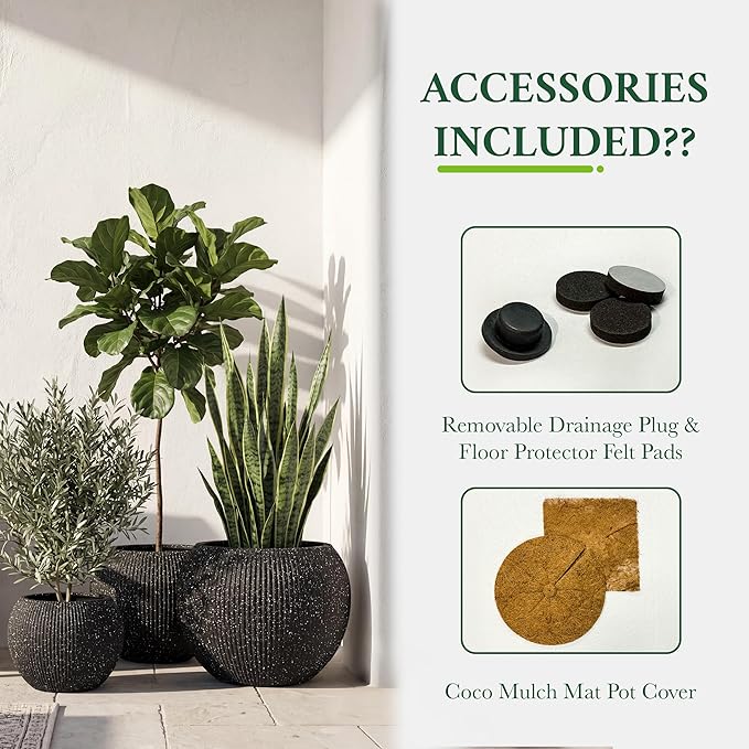 DTY Signature Mount Sherman Modern Indoor Outdoor Fiberstone Sphere Planter, Durable Round Garden Pot, Weather Resistant, Drainage Hole & Rubber Plug (Ribbed Black, Medium)