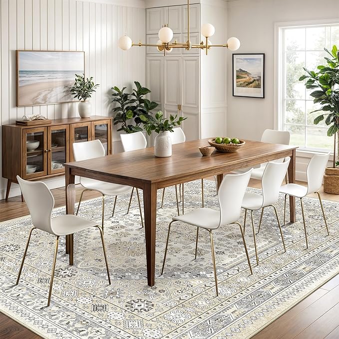 Washable Rugs 8x10 Area Rugs for Living Room, Non-Slip Backing Large Rug for Nursery Room, Vintage Floral Bedroom Rugs, Thin Indoor Home Decor Soft Farmhouse Rug (Beige,8'x10')