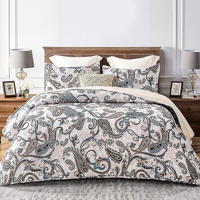 Whale Flotilla Reversible Printed Quilts Queen Size, Extra Soft Boho Paisley Floral Bedspreads for Bed Lightweight Full Queen Quilt Bedding Set Coverlets with 2 Pillow Shams for All Seasons, Bone Grey
